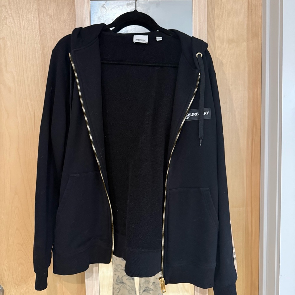 Authentic Burberry Black Hoodie Full Zip Gold Zipper Check Sleeves Size M